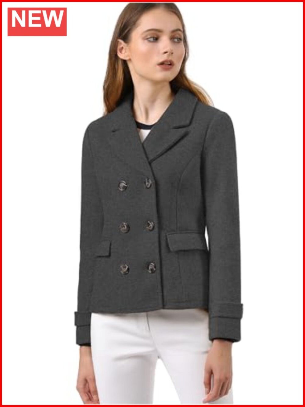 Womens Notched Lapel Double Breasted Short Pea Coat